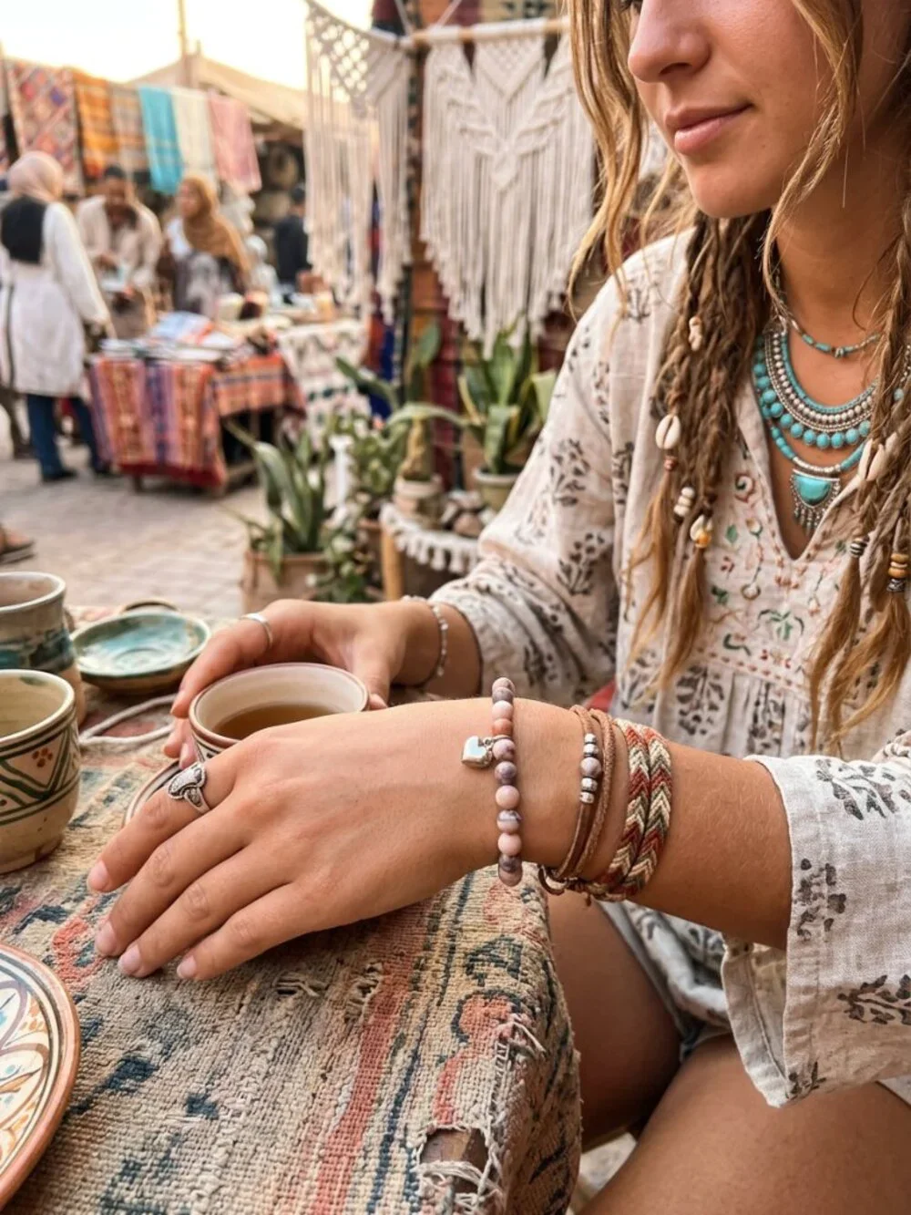 Designs by Forte Boho Natural Stone Stretch Bracelet with Silver Heart Charm